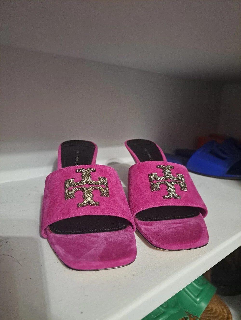 Tory Burch Fuchsia Suede Slide Mules with Crystal Logo Accent